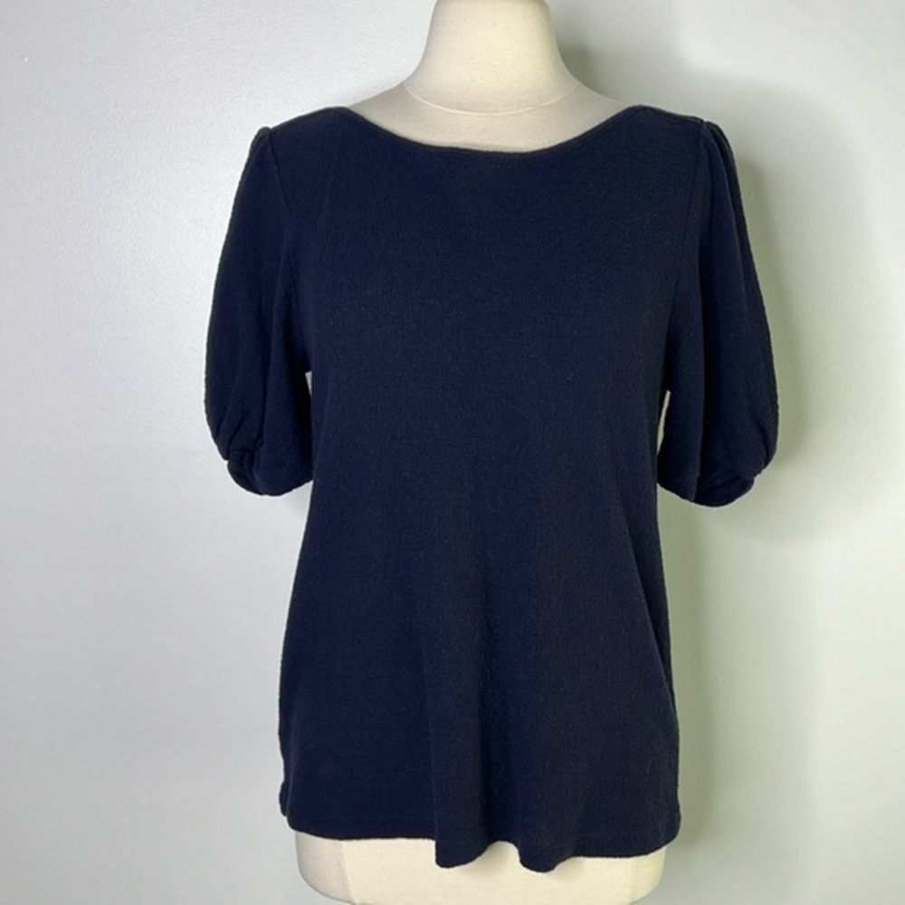Loft navy blue textured cotton knit puff sleeve top size small